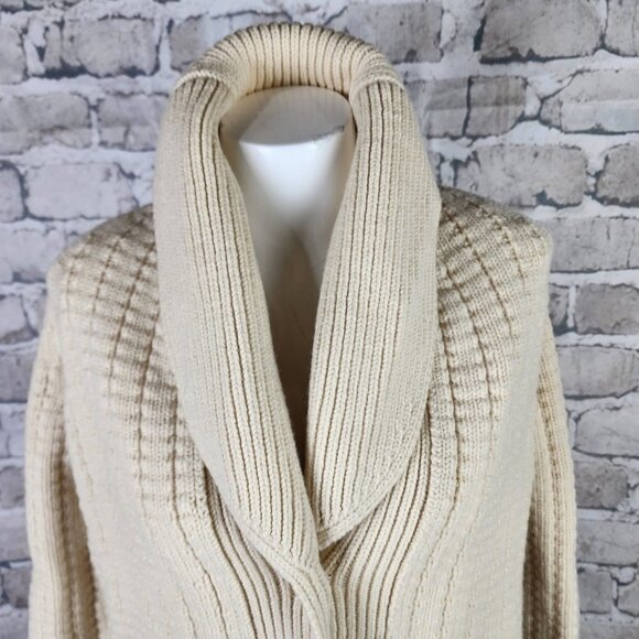 Vintage Virgin Wool Shawl Collar Cardigan Button Front Patch Pockets Cream Med - Picture 5 of 16